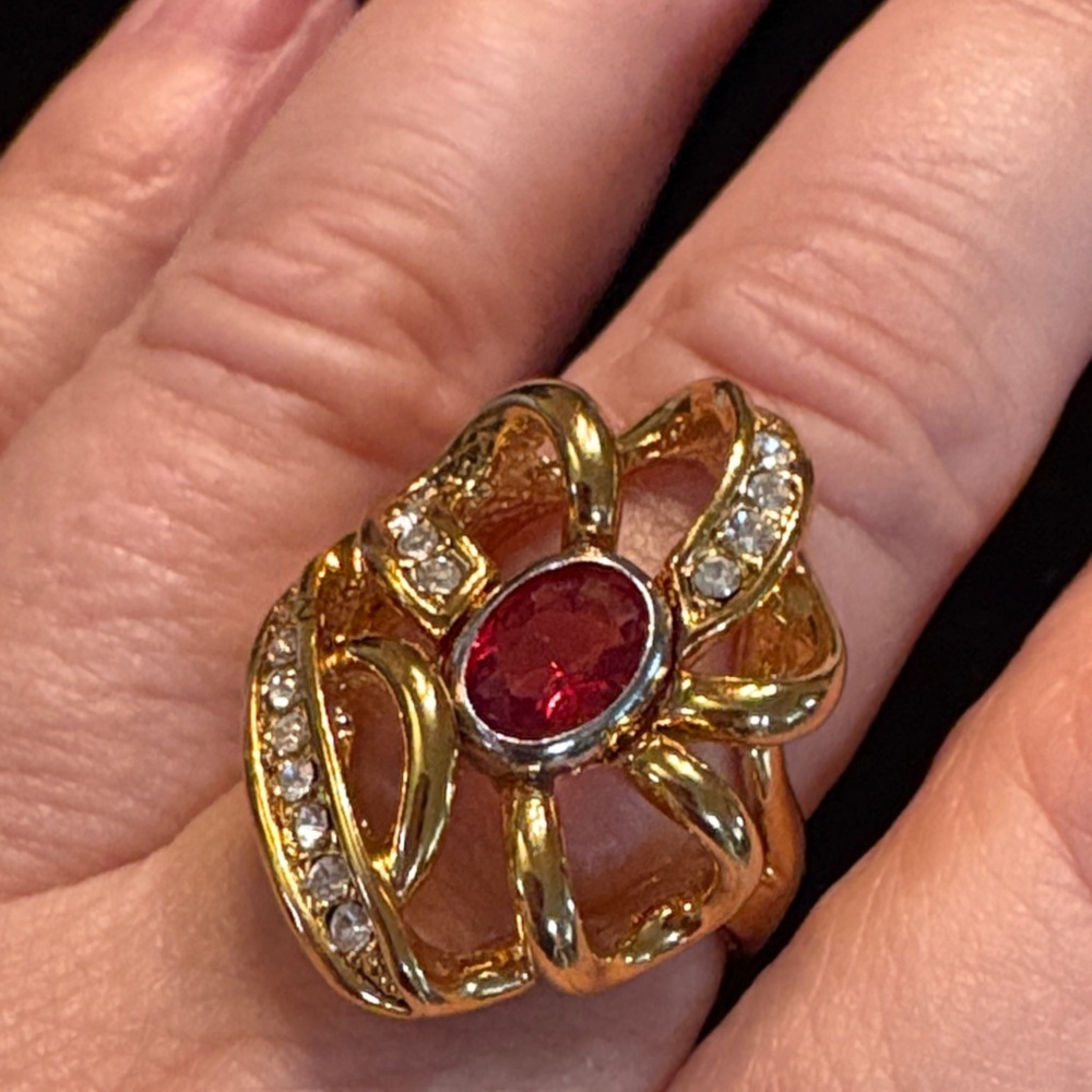 FJ Fallon Vintage cocktail stamped Cage Swirl CZ accented red stone Ring
